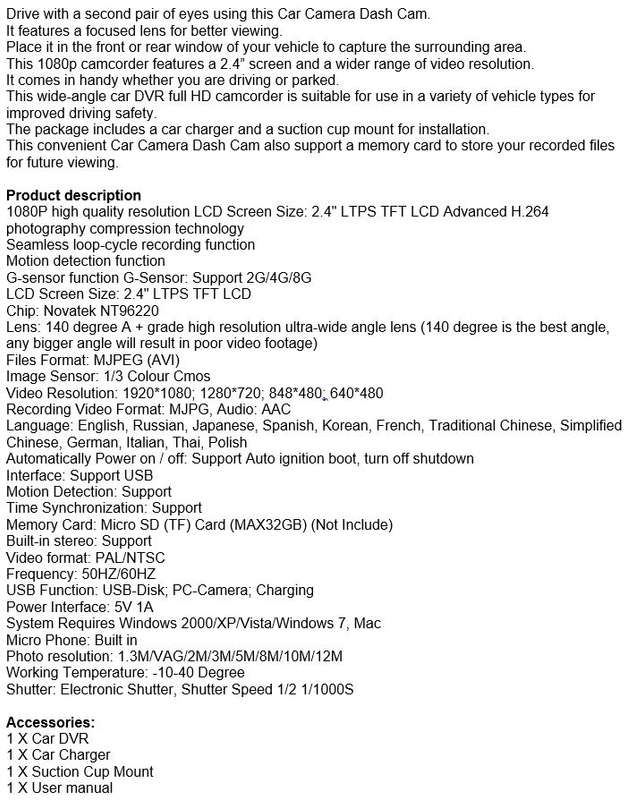 Car Dash Cam full HD with G-Sensor, Motion Detection, Loop-Cycle Recording etc.
