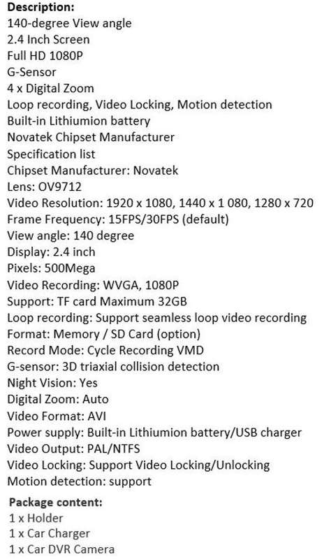 HD Car Camera & Recorder with G-Sensor, Loop Recording, Motion Detection etc.
