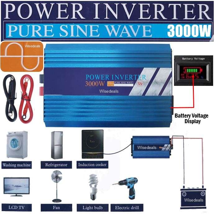 PURE SINE SOLAR Power Inverter 3000W Constant Power & 6000W Peak Power  Convert 12V DC to 220V AC