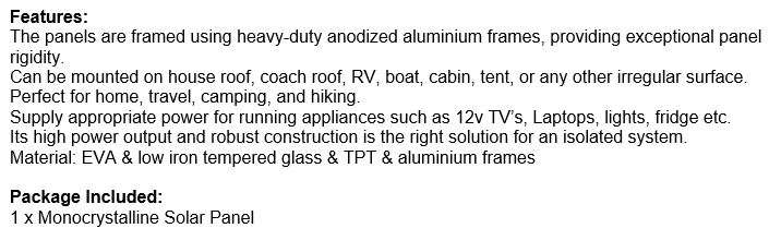 Monocrystalline Solar Panels 12 Volt  50W or upgrade to 80W, 100W, 165W, 200W, 290W & 350W
