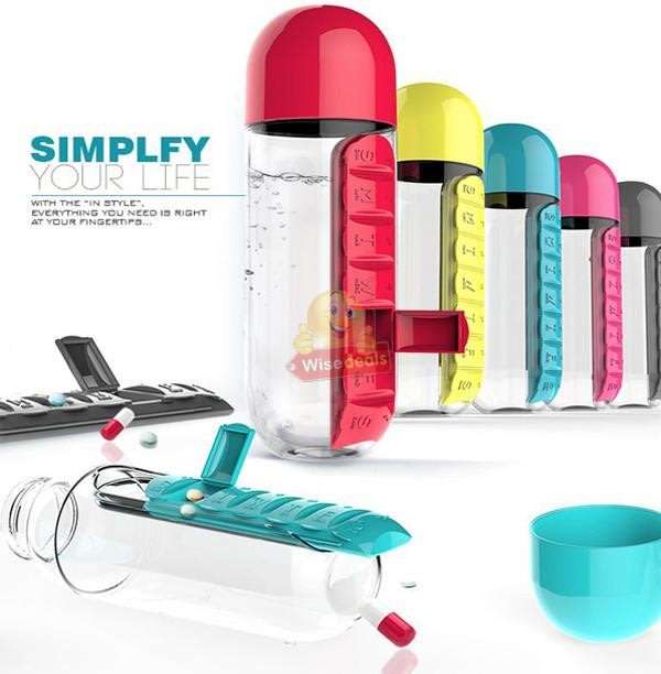 Water Bottle With Build-in Daily Pill Box Organizer  7 Compartments for each day of the week