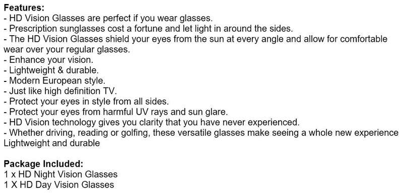 HD Vision Sunglasses, 1 pair for day and 1 pair for night - Fits Over Your Prescription Glasses