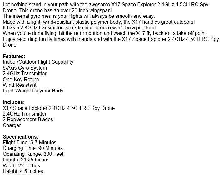 X17 Space Explorer Remote Control Drone 2.4GHz 4.5CH with an Awesome 50cm Wingspan