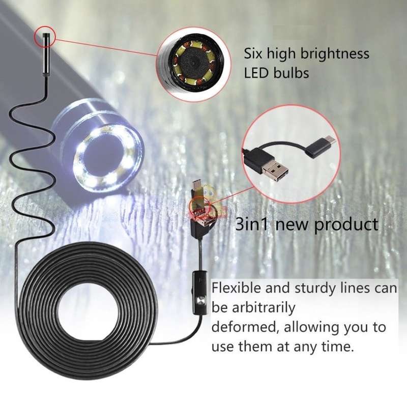 3-in-1 HD Type-C, Micro USB & PC Endoscope Camera & Video Camera  5 meters