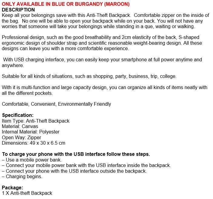Anti-Theft Backpack with USB interface for mobile charging, zipper not visible for anyone to open