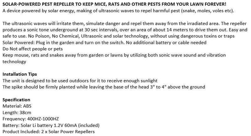 SOLAR Ultrasonic Pest Repeller to Keep Mice, Rats & other Pests From your Lawn Forever! Pet Friendly
