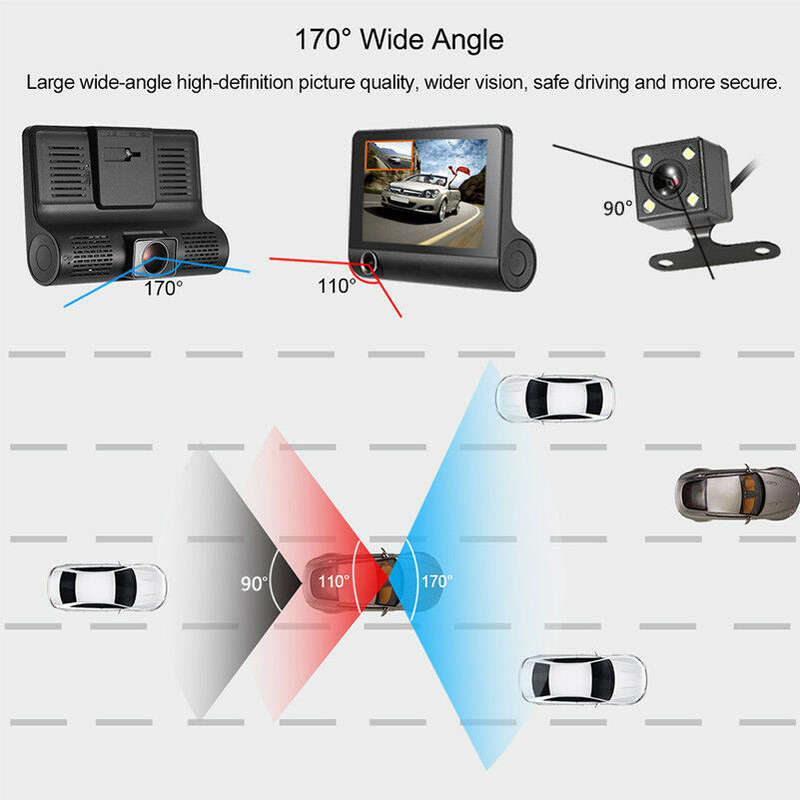 4 Inch IPS 1080P HD Night Vision DVR with Front, Inside & Rear Camera, 170° Wide-angle,G-Sensor