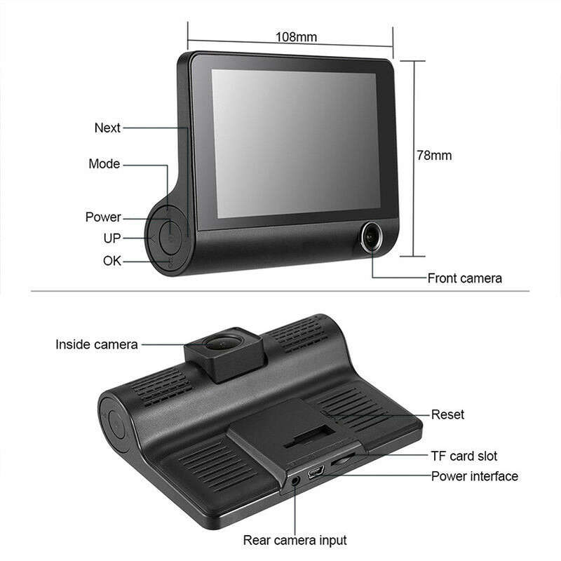 4 Inch IPS 1080P HD Night Vision DVR with Front, Inside & Rear Camera, 170° Wide-angle,G-Sensor