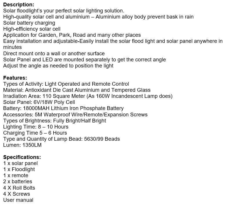 60W LED SOLAR Flood Light with Remote Control, Solar Panel, 5m Cable, Waterproof & 1350 Lumens