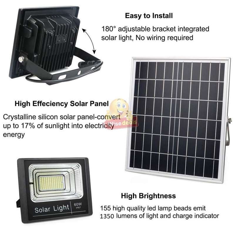 60W LED SOLAR Flood Light with Remote Control, Solar Panel, 5m Cable, Waterproof & 1350 Lumens