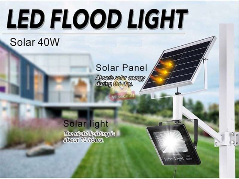 40W LED SOLAR Flood Light with Remote Control, Solar Panel, 5m Cable, Waterproof & 1050 Lumens