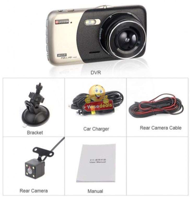 4 Full HD Dual Lens DVR Dashcam, reverse camera, extension cable, G-Sensor, Night Vision, Loop Reco
