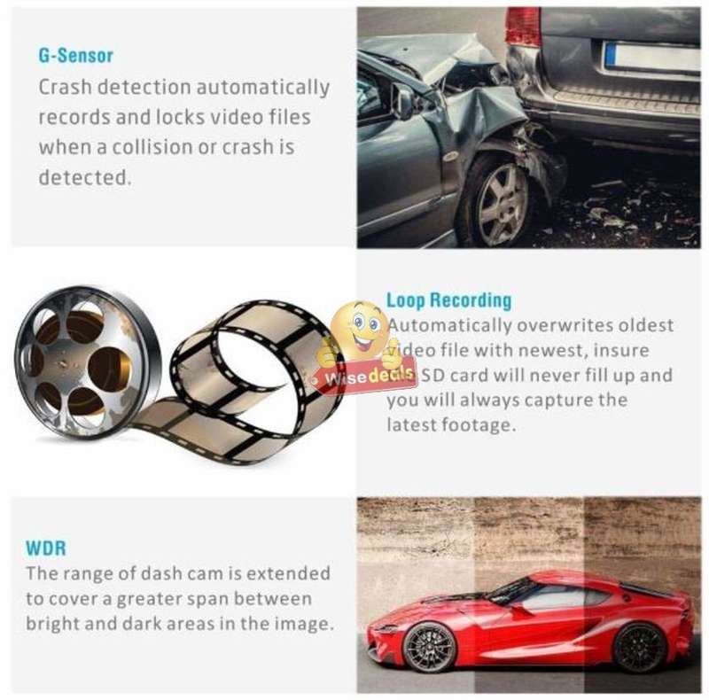 4 Full HD Dual Lens DVR Dashcam, reverse camera, extension cable, G-Sensor, Night Vision, Loop Reco