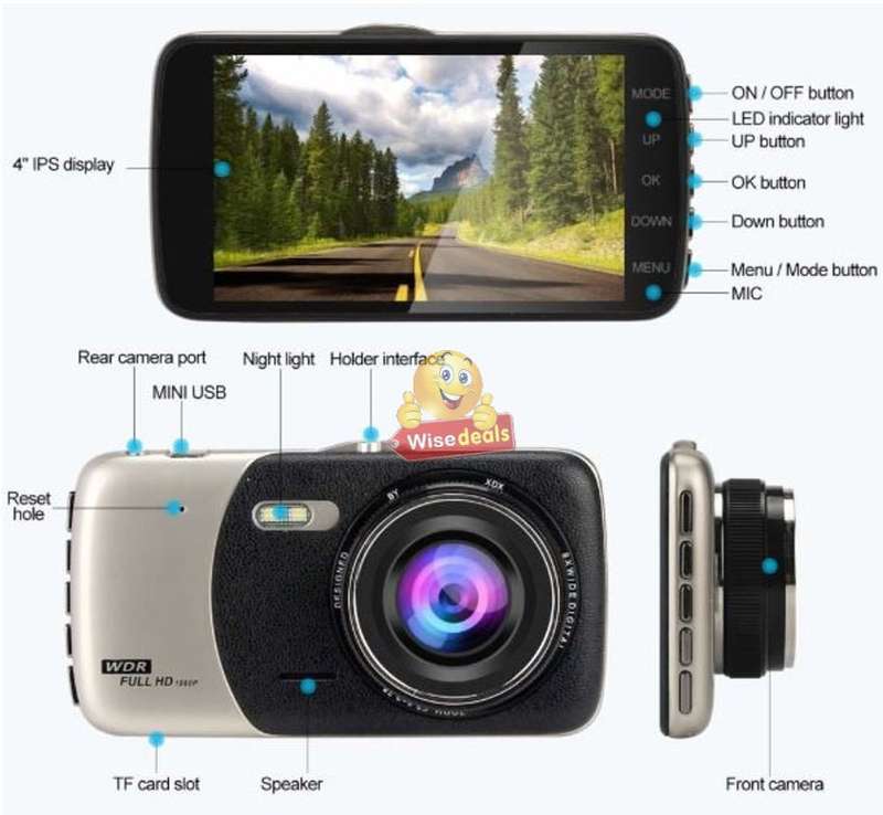 4 Full HD Dual Lens DVR Dashcam, reverse camera, extension cable, G-Sensor, Night Vision, Loop Reco