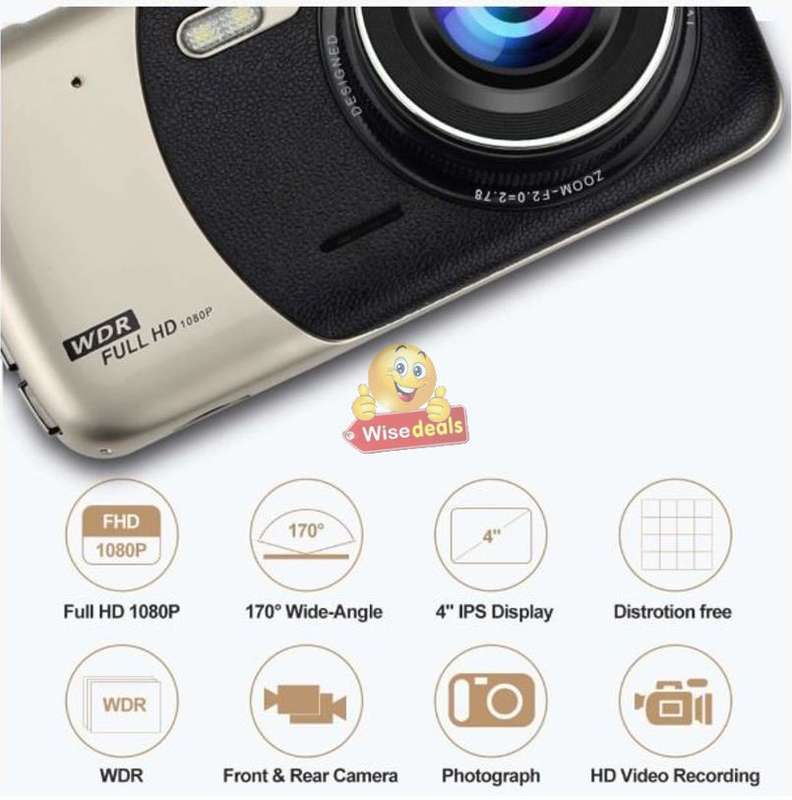 4 Full HD Dual Lens DVR Dashcam, reverse camera, extension cable, G-Sensor, Night Vision, Loop Reco