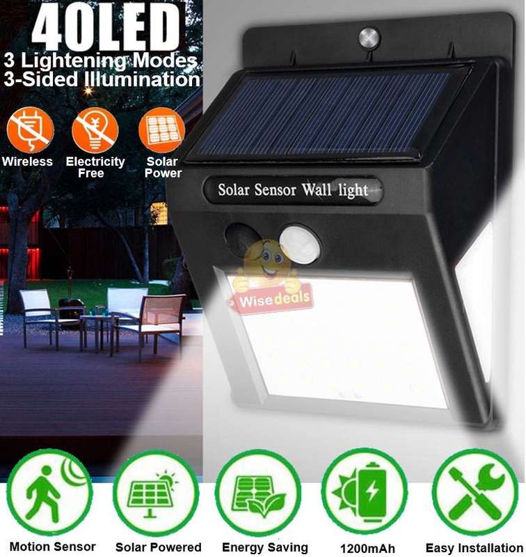 40 LED Solar Power Wall Light, PIR Motion Sensor, Waterproof, Night Sensor & Eco-friendly, 3 Modes