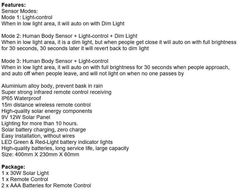 30W LED Solar Street Light with 3 Lightening Modes, LED Battery Indicator Lights & Remote Control