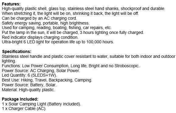 Waterproof Solar Lantern Light Charged by sun light or AC Charging Cord