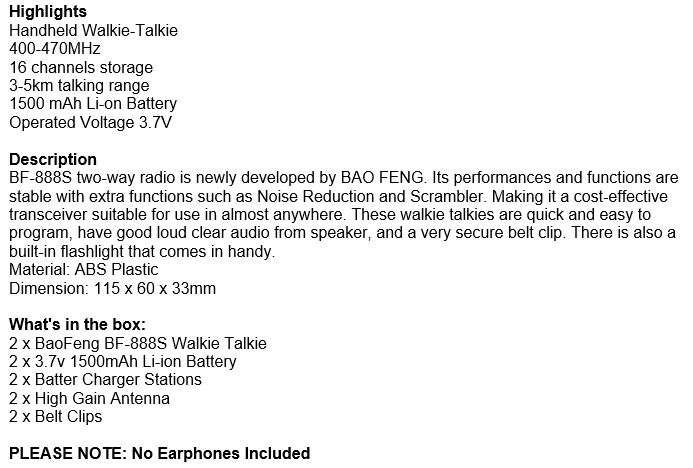 2 X Handheld Walkie Talkie Hand Radio Set with 16 Channels, 3 - 5 km talking range etc