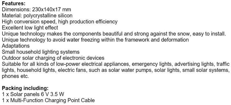 6V Solar Panel with Multi-Function Charging Point Cable for Charging of Devices, Light, Phones etc