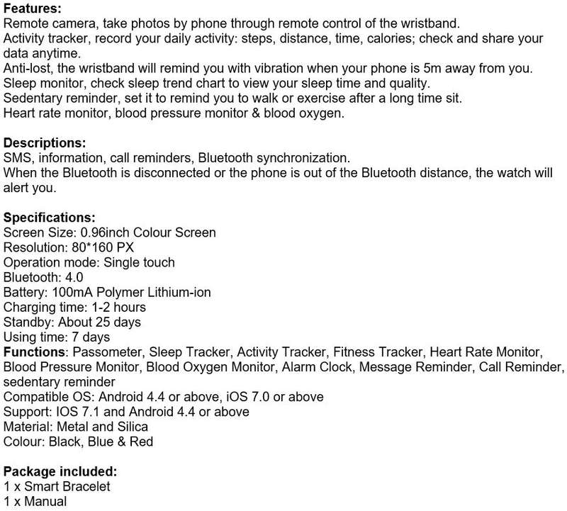 Bluetooth Health Smart Watch - Monitor Heart Rate, Blood Pressure, Blood Oxygen, Calorie, Distance