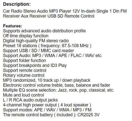 Remote Control Car Radio MP3 Player, Support FM Radio, AUX, USB, SD Card and more...