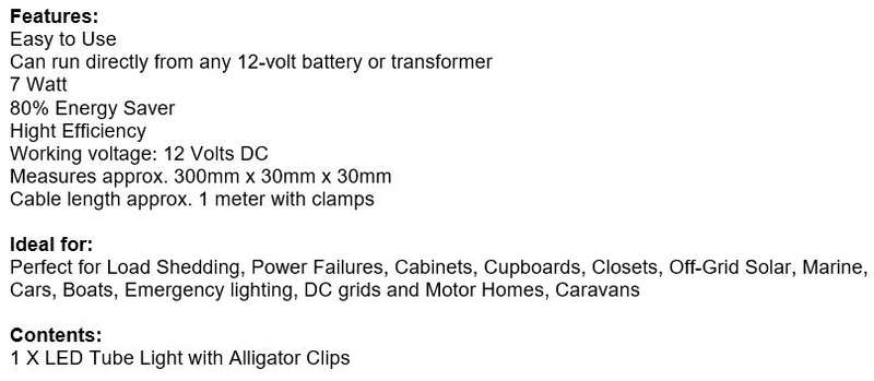 12V DC High Power LED Tube Light with Alligator Clamps