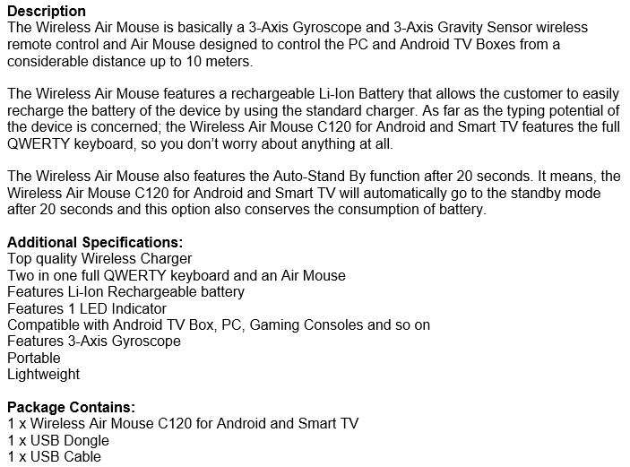 Wireless Air Mouse with Rechargeable Battery, 2-in-1 Keyboard and Mouse, TV, PC, Game Console etc.
