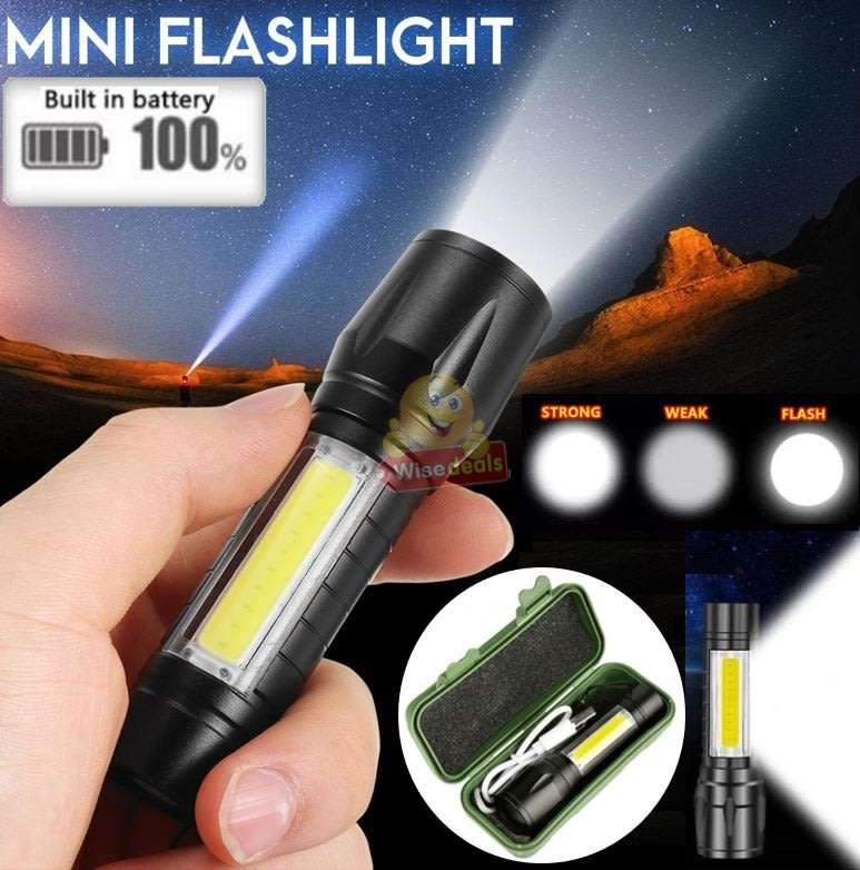 Mini USB LED Rechargeable Flashlight compact in box with 3 modes