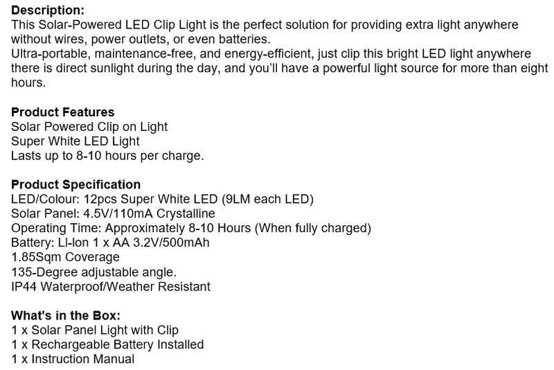 Ultra-portable, Maintenance-free and Energy-Efficient SOLAR LED Clip on Light