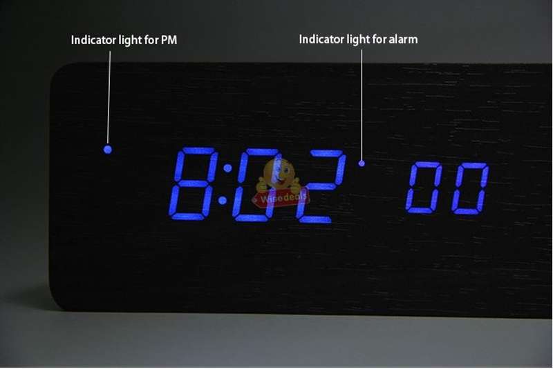 Wooden LED Alarm Clock with Time, Date, Temperature, Sound Control & Energy Saving