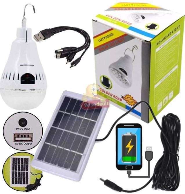LED SOLAR Light Bulb with Solar Panel & Multifunctional Charging Cable to Charge Devices