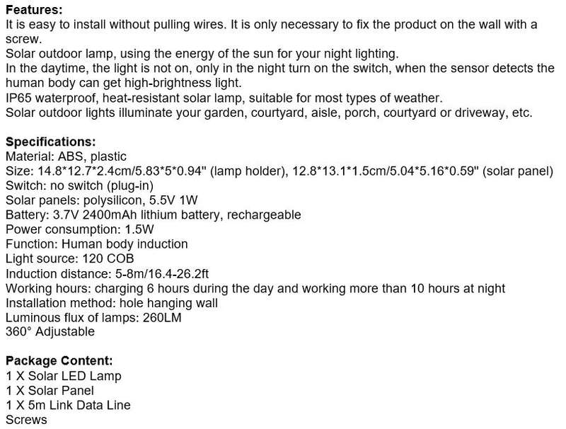 120 LED COB Super Bright Solar Flood Light with Solar Panel, 5m Link Data Line & Screws