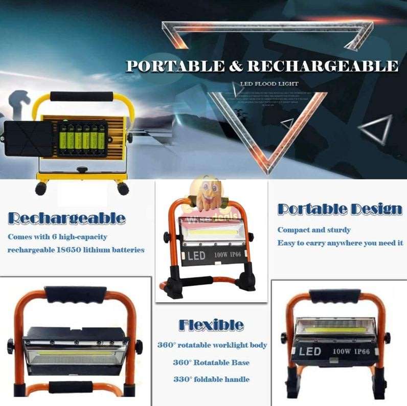 Super Bright LED COB 100W Portable Flood Light, 3 Modes, Waterproof, Rechargeable etc