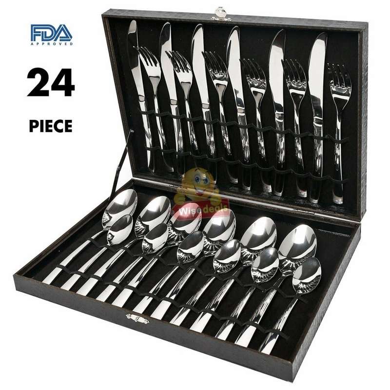 24 Piece Modern Silverware Stainless Steel Cutlery Set in Wooden Case