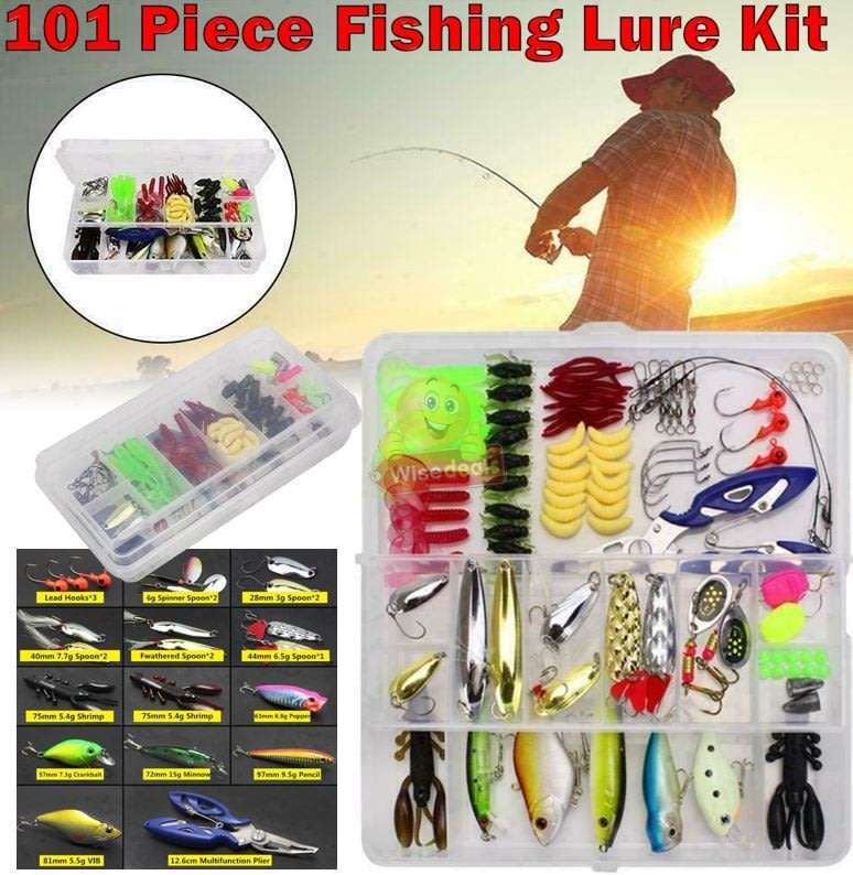 101 Piece Fishing Tackle Lure Bait Kit, comes in a transparent two-layer Box