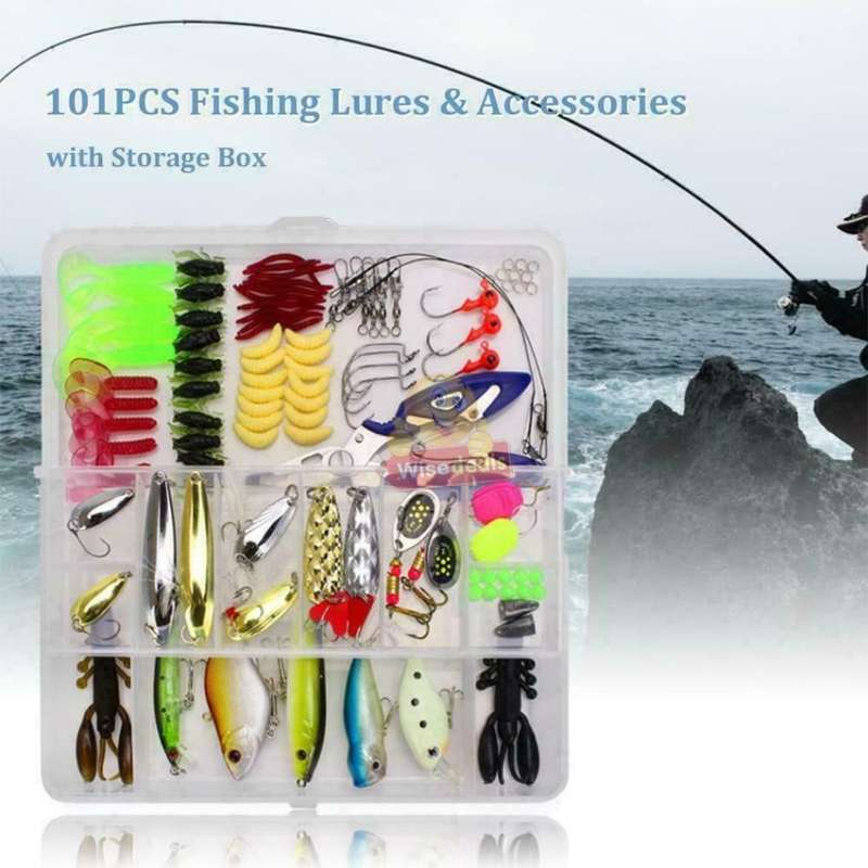 101 Piece Fishing Tackle Lure Bait Kit, comes in a transparent two-layer Box