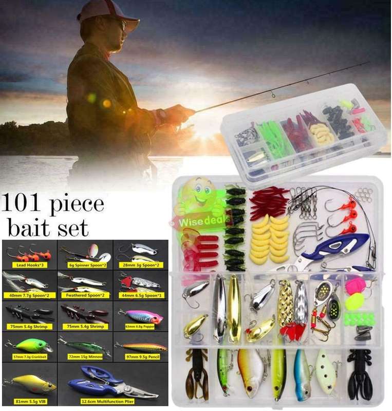 101 Piece Fishing Tackle Lure Bait Kit, comes in a transparent two-layer Box