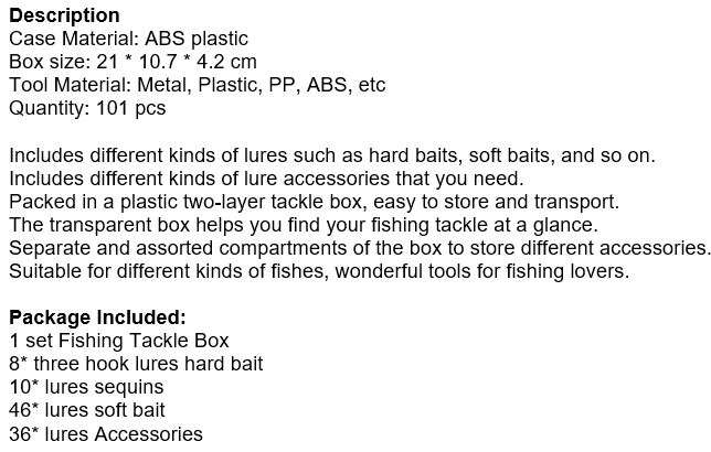 101 Piece Fishing Tackle Lure Bait Kit, comes in a transparent two-layer Box
