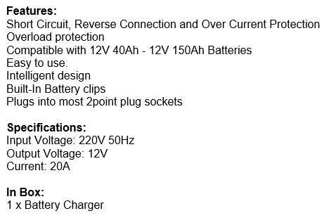 12V 20A Intelligent Battery Charger with Short Circuit, Reverse Connection & Over Current Protection