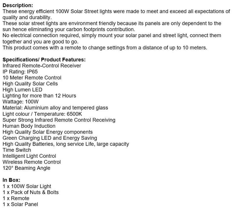 Super Bright 100W Solar Flood Light, Waterproof, Intelligent Light Control, Wireless Remote Control