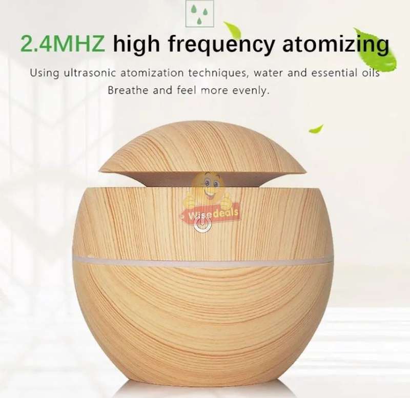 Wood Grain Ultrasonic Aromatherapy Humidifier with USB 7 Colour Changing LED Lights