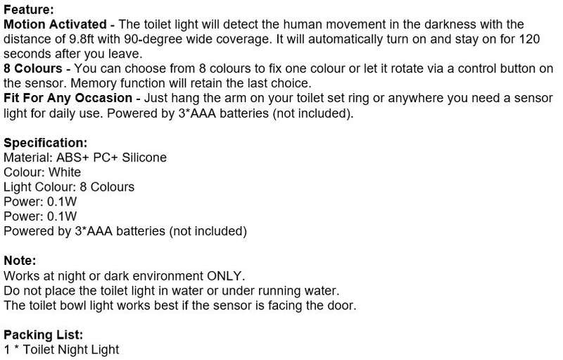 Motion Activated 8 Colour LED Toilet Night Light, Easy Installation & Light Sensitive