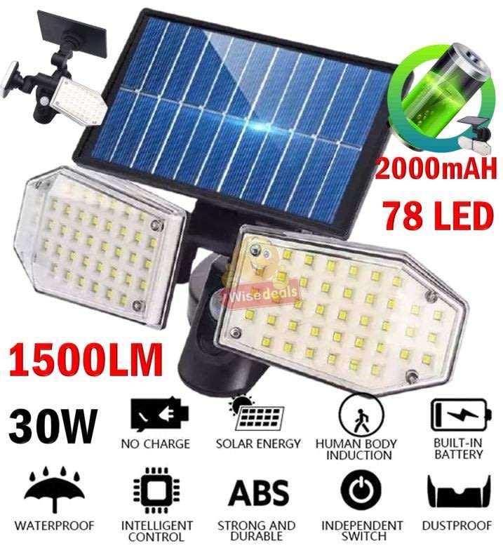 30W Solar Flood Light, 78 LED, 2 adjustable heads, 3 modes, 1500LM, 2000mAH battery