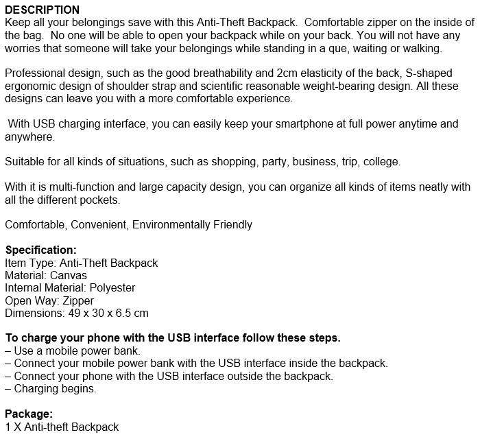 Anti-Theft Backpack with USB interface for mobile charging, zipper not visible for anyone to open