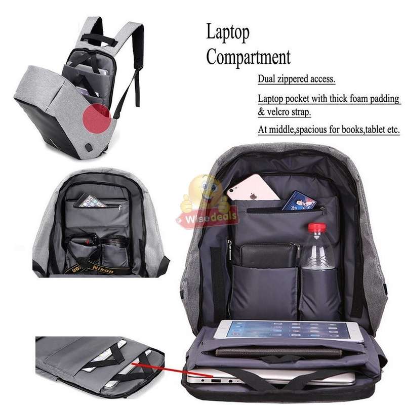 Anti-Theft Backpack with USB interface for mobile charging, zipper not visible for anyone to open