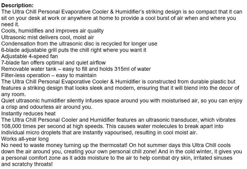Ultra Chill Personal Cooler & Humidifier, Improves Air Quality, Aroma Diffuser, LED Reading Light