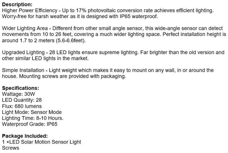 30W Super Bright LED Solar Wall Light, Motion Sensor, Wide-Angle, Waterproof and Eco-friendly