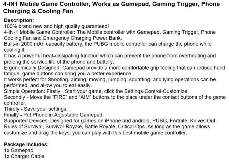 4-IN1 Mobile Game Controller, Works as Gamepad, Gaming Trigger, Phone Charging and Cooling Fan