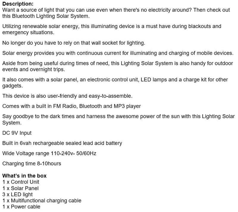 BLUETOOTH SOLAR Lightening System, for Indoor and Outdoor use, Support SD Card, USB ect.